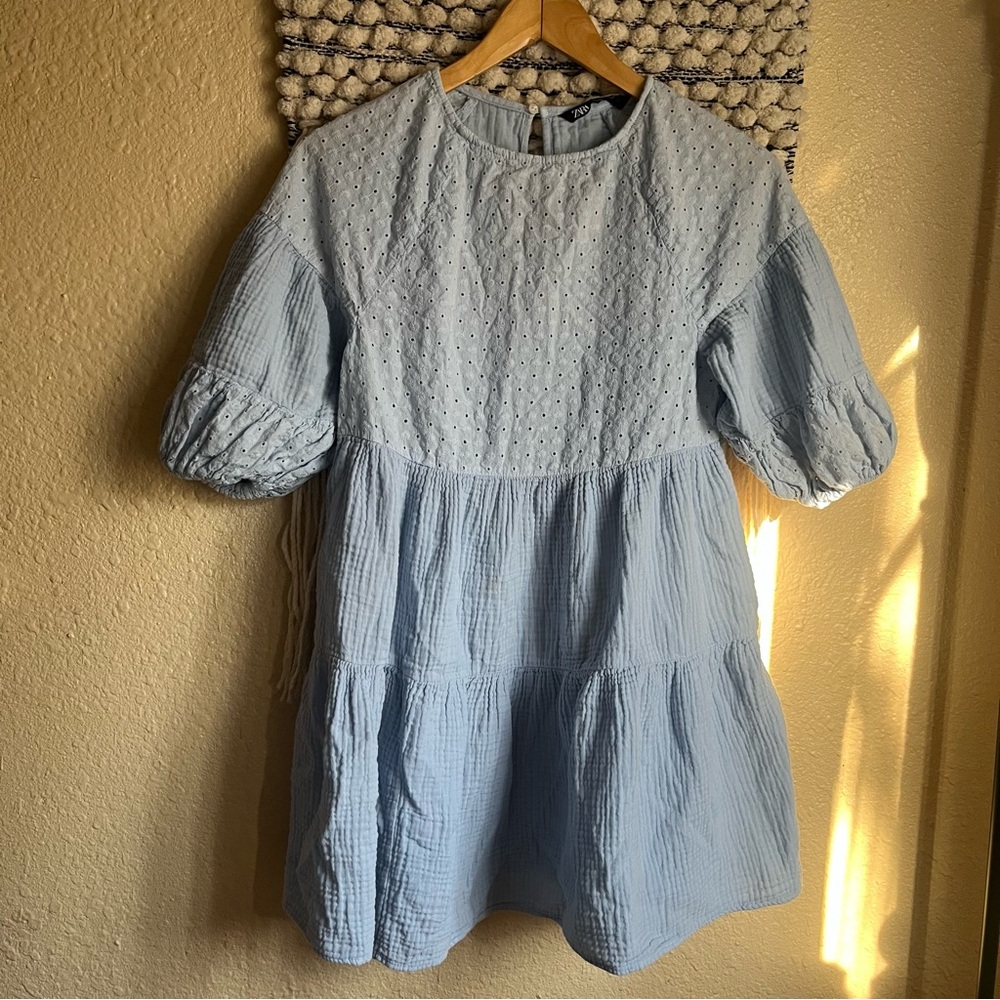 Zara Pale Blue Tiered Cotton Dress with Eyelet Yoke